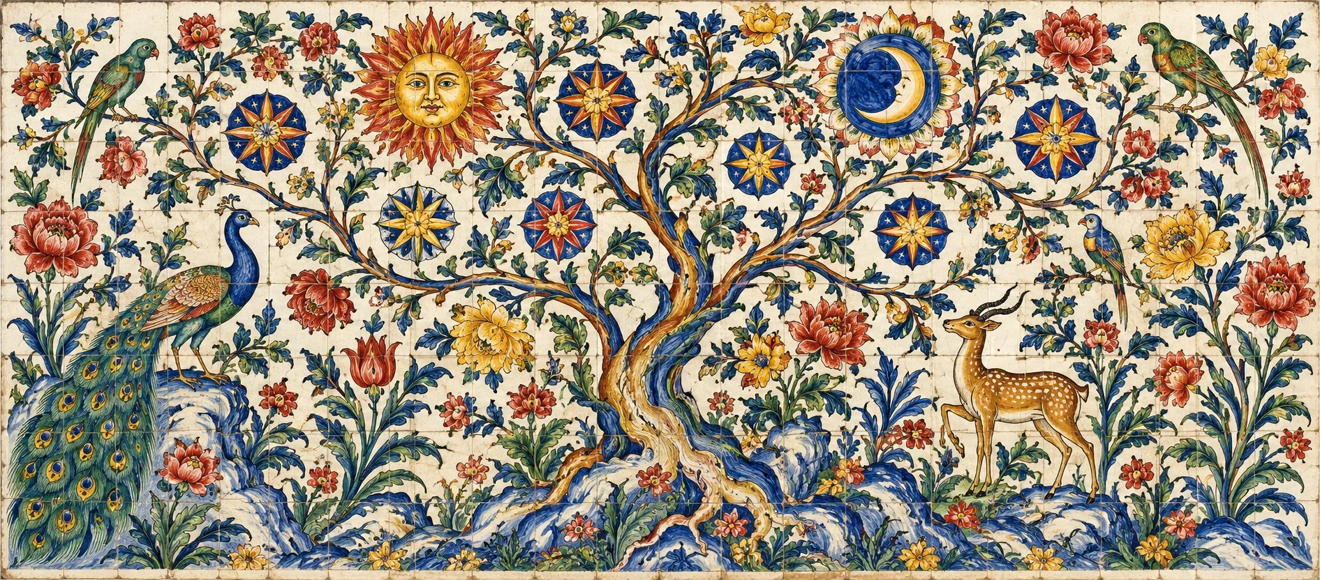 Painel de azulejos com uma árvore da vida indiana, onde florescem o Sol, a Lua e sete estrelas.