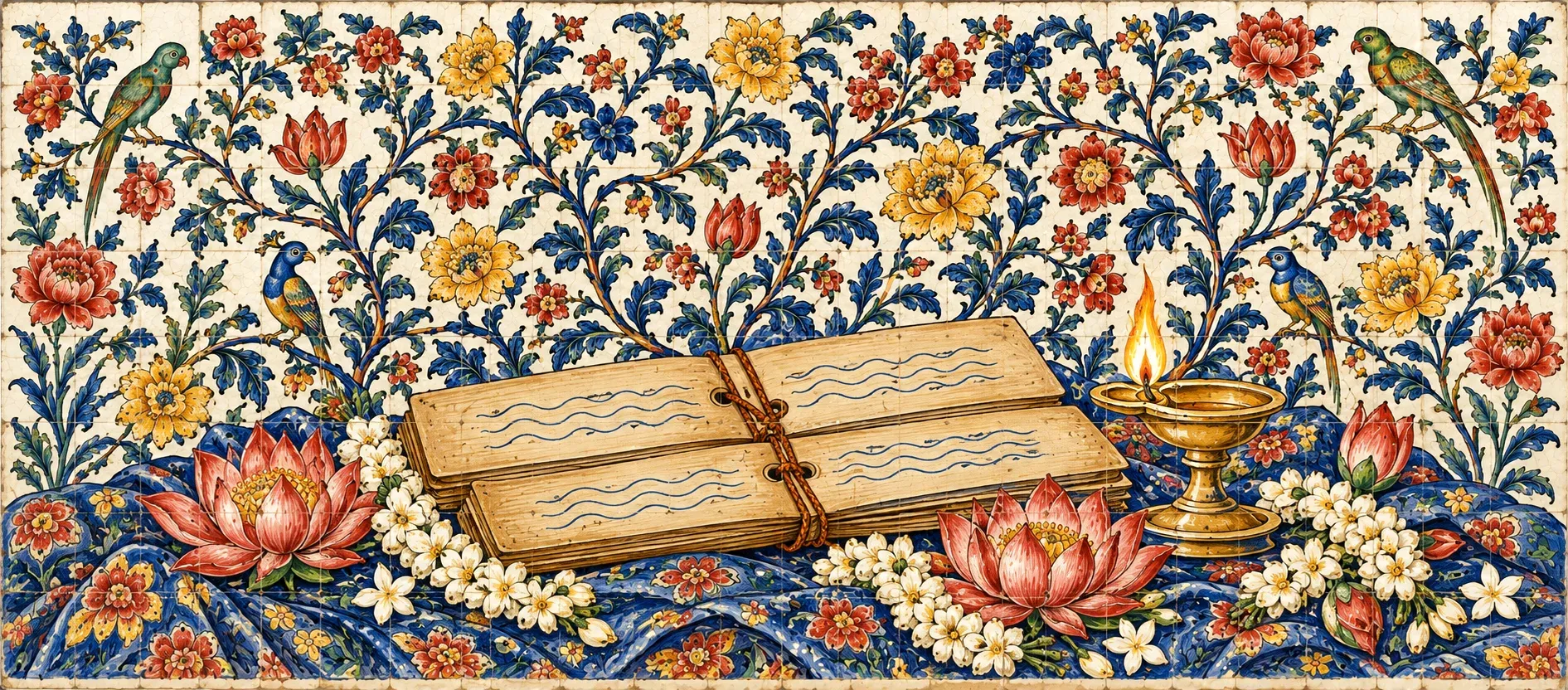 Painel de azulejos com um manuscrito de folhas de palmeira, uma lamparina acesa e flores.
