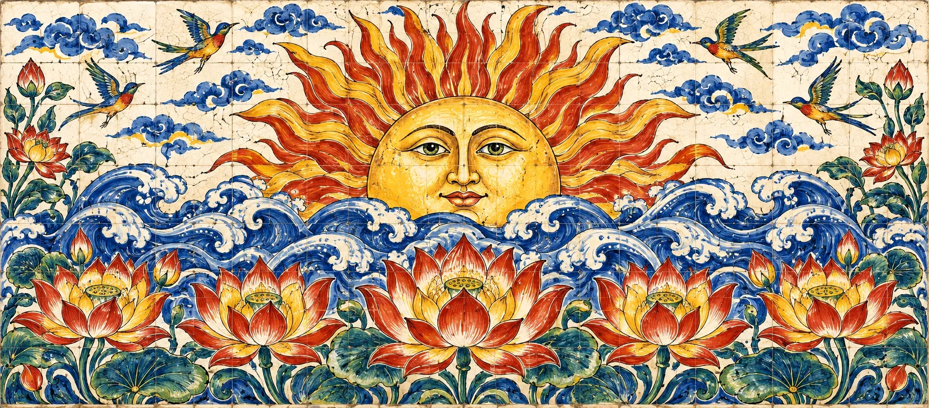 Painel de azulejos com o Sol a nascer sobre ondas azuis e flores de lótus.