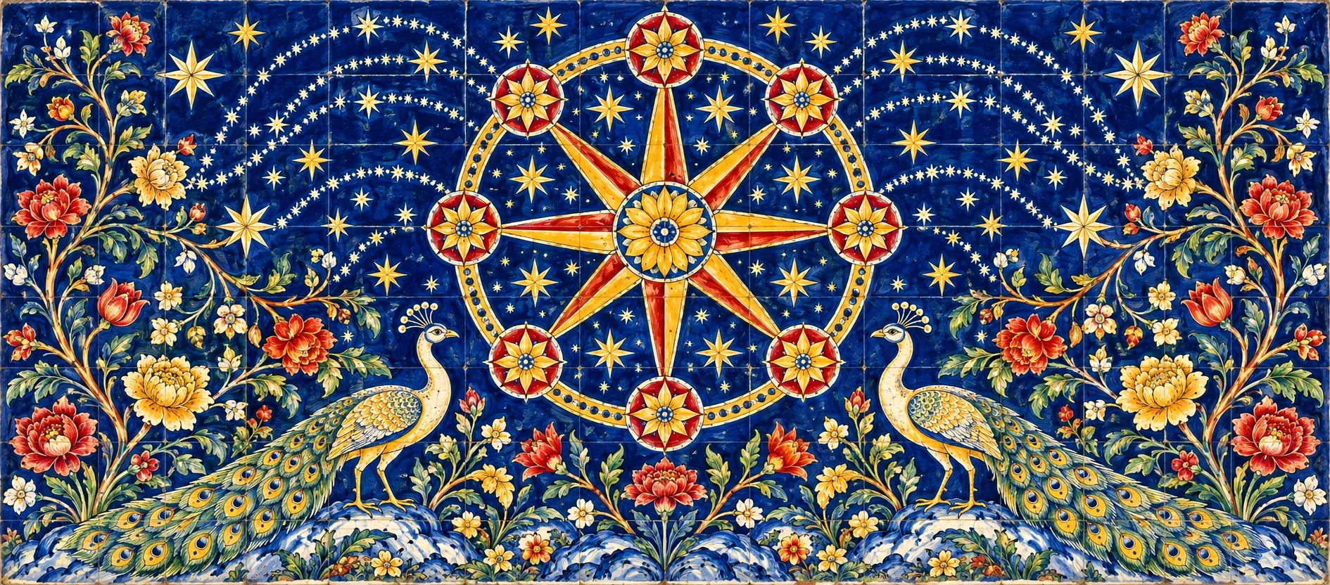 Painel de azulejos azul com uma roda de estrelas e dois pavões.