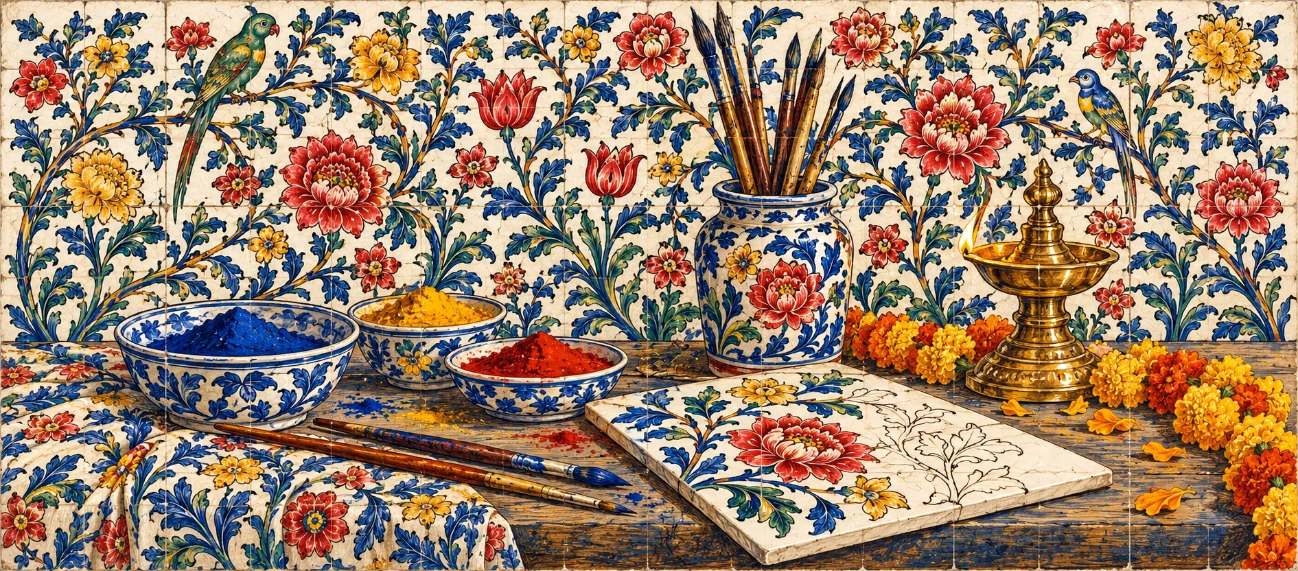 Painel de azulejos com a mesa de um pintor: taças de pigmento, pincéis e um azulejo por acabar.