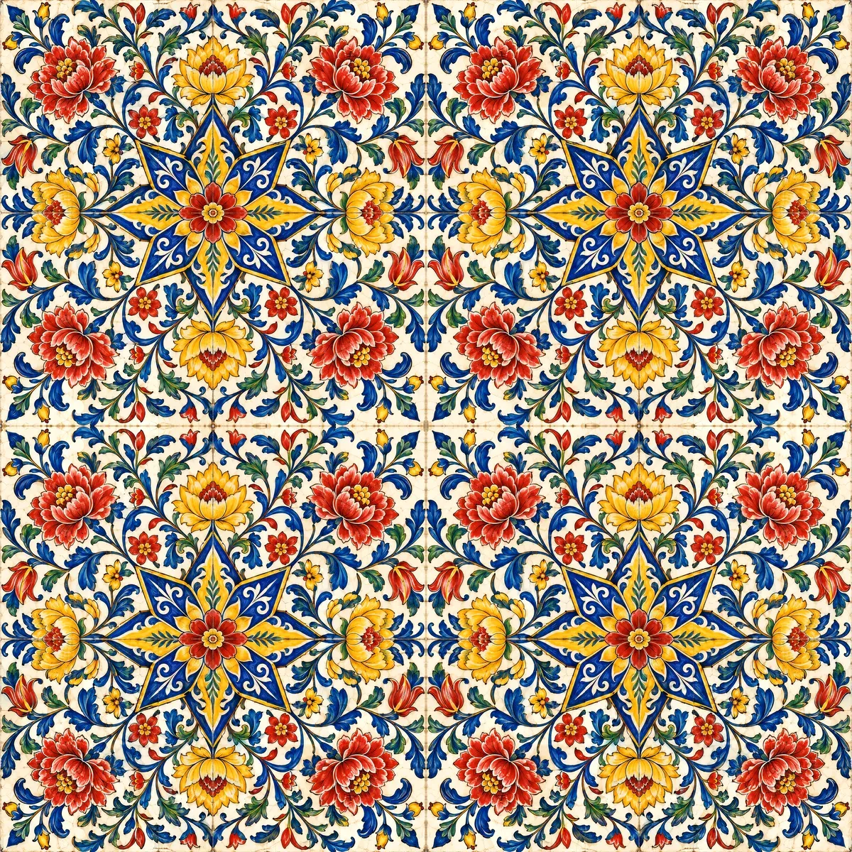 Padrão de azulejos de tapete com estrelas azuis e flores vermelhas e amarelas.